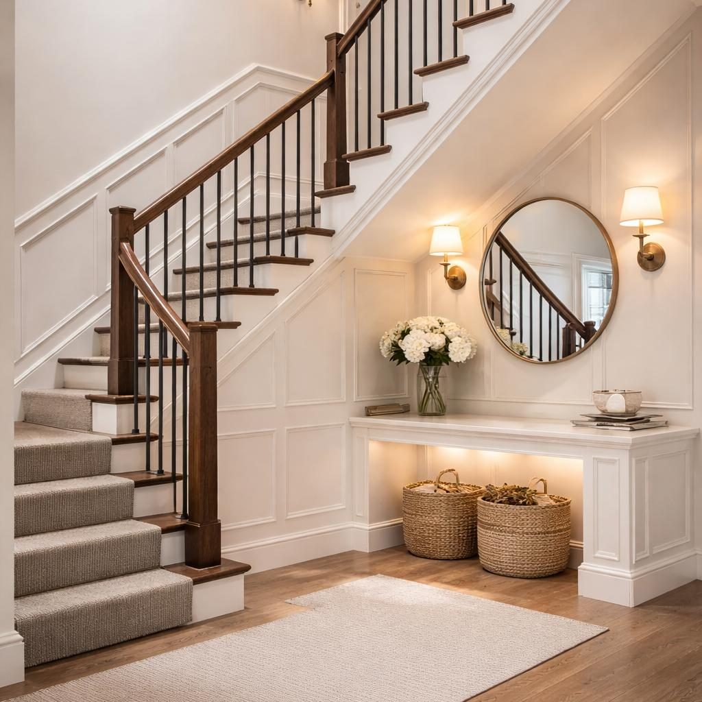 Staircase Renovation Worcester – Bespoke Stair Panelling Crafidea Bespoke Bespoke staircase renovation transforming traditional stairs into a refined architectural feature. Featuring custom wall panelling