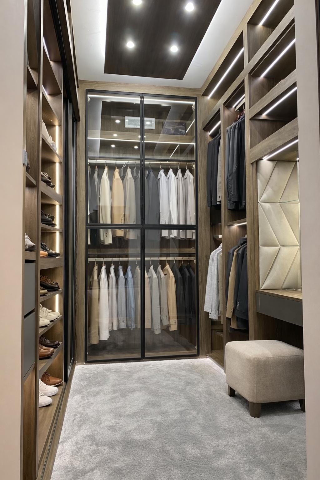 Walk in Wardrobe Worcester -Cheltenham Bespoke walk-in dressing rooms with elegant storage and lighting