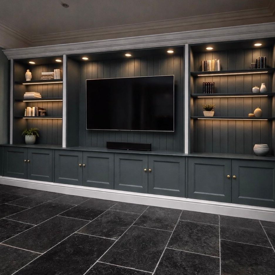 Bespoke Media Wall Worcester – Luxury Entertainment Unit Crafidea Bespoke A bespoke entertainment unit designed and built in the UK, featuring integrated storage, shelving and a seamless media wall finish.