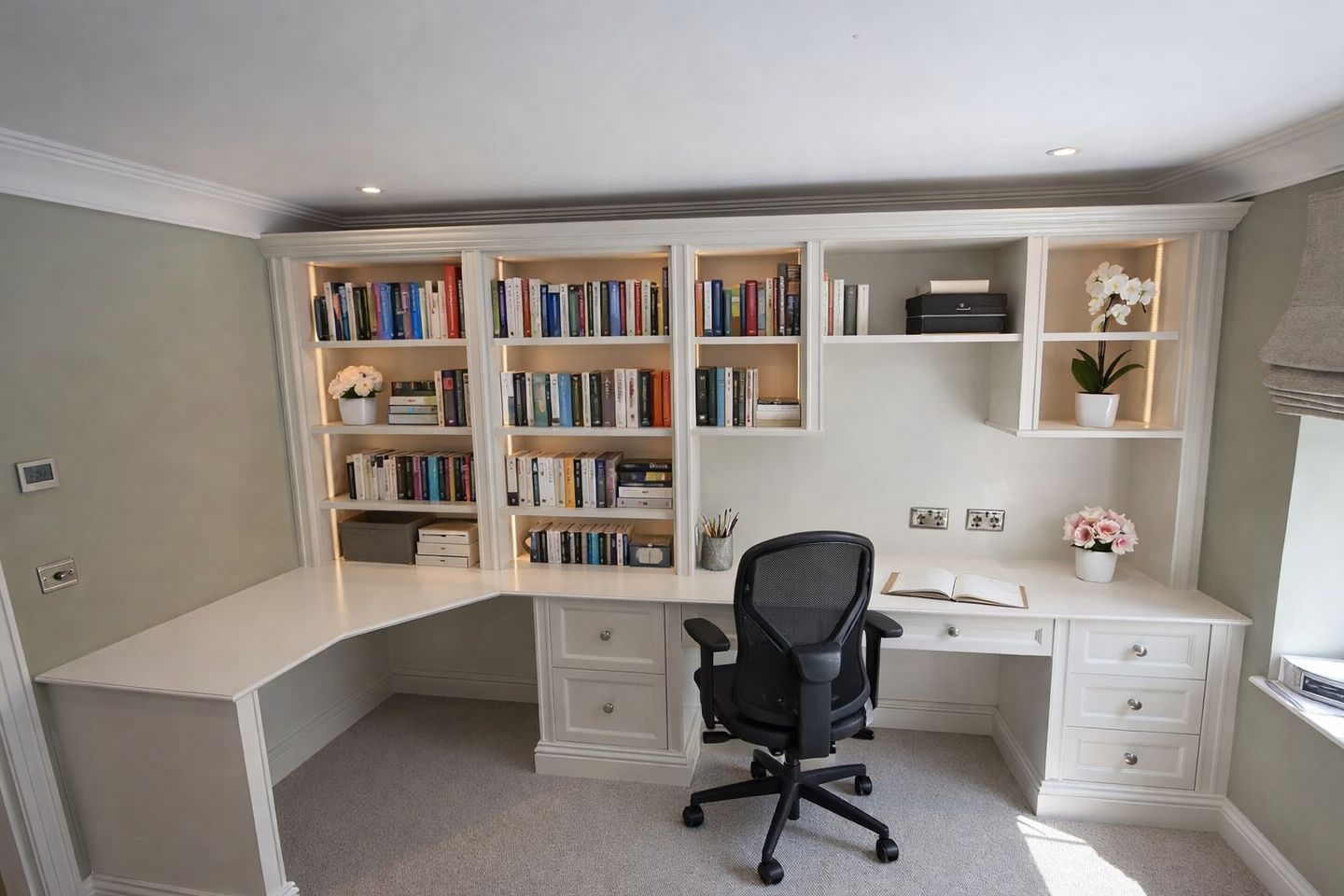 Bespoke Home Office Worcester -Bristol A bespoke entertainment unit designed and built in the UK, featuring integrated storage, shelving and a seamless media wall finish